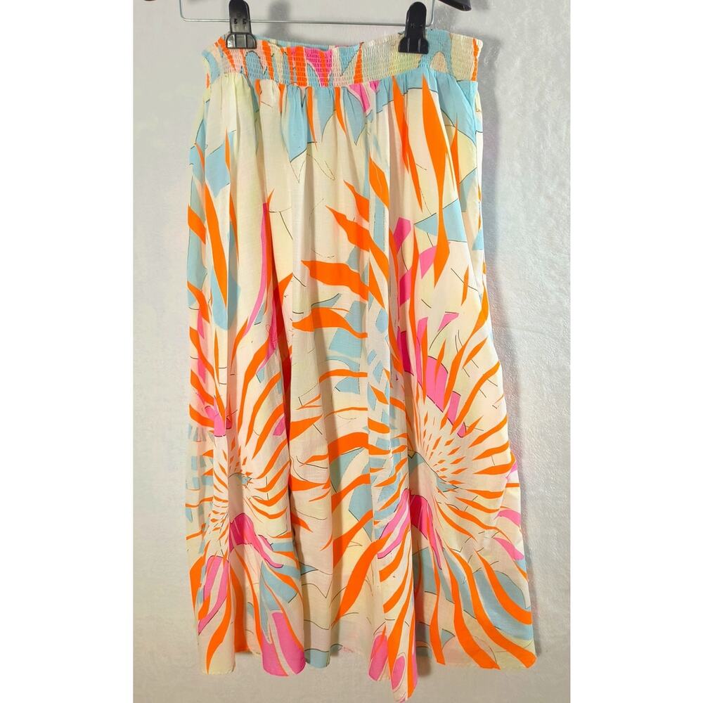 Maeve Anthropologie Maxi Skirt XL Multicolor Tropical Print Cotton Smocked Waist - Picture 12 of 15